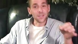Amateur shows off his hairy cock in an interview and jerks
