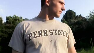 Elijah loves to touch nipples and jerk his cock outdoors