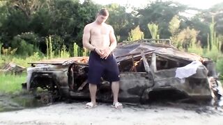 Elijah loves to touch nipples and jerk his cock outdoors