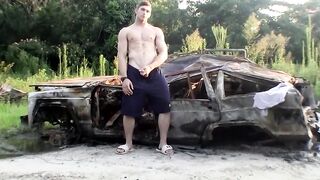 Hung straight stud Elijah Knight enjoys an outdoor jerk off