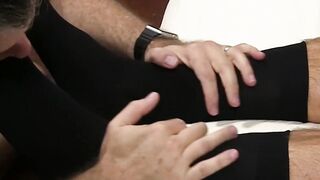 Sergey lays back while mature feet worshiper licks his toes