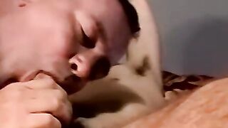 Young hairy amateur with glasses sucked dry by mature homo