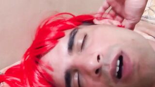 Red Head crossdresser having anal sex without a condom