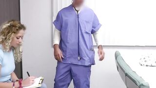Curly blonde River Lynn spreads her legs on the doctors table and takes a big cock