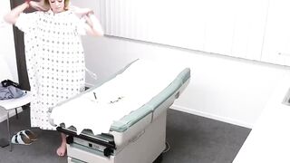 Curly blonde River Lynn spreads her legs on the doctors table and takes a big cock