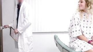 Curly blonde River Lynn spreads her legs on the doctors table and takes a big cock