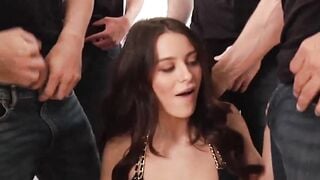 Naughty babe Lana Rhoades got her face full of hot cum after her first six cock blowb