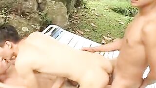 Hardcore outdoor bareback threesome with horny fuckers