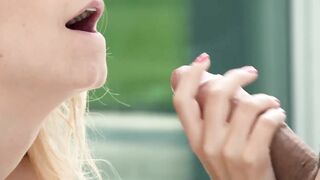 Small babe Mona Blue rides cock outdoor and tastes warm jizz