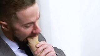 Suited gay businessman Skyy Knox worships his bosses feet