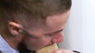 Suited gay businessman Skyy Knox worships his bosses feet