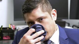 Suited gay businessman Skyy Knox worships his bosses feet