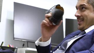 Suited gay businessman Skyy Knox worships his bosses feet