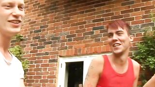 Outdoor gay anal and blowjob foursome with young twinks