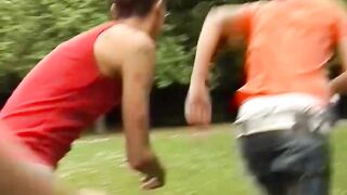 Outdoor gay anal and blowjob foursome with young twinks