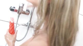Big Titted blonde seductress sex toys vagina at the shower