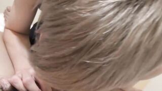 Blonde Japanese twink stroking dick after sensual blowjob