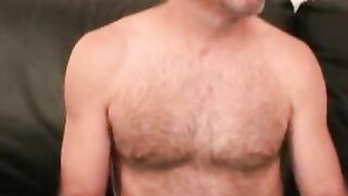 Mature hairy man masturbates after an interview and cums