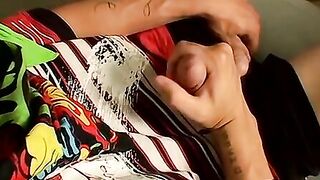Straight thug with piercing touches his rock hard penis