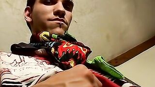 Straight thug with piercing touches his rock hard penis