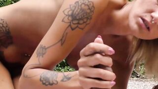 Skinny inked wench having outdoors sex outside