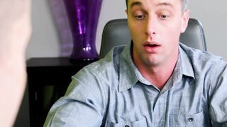 Gay boss strokes his cock and fucks his employee on his desk