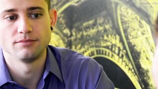 Gay boss strokes his cock and fucks his employee on his desk