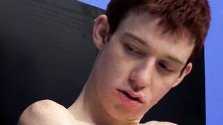 Cutie jerks off on the bed with a big dildo deep inside him