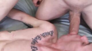 Tattooed uniformed stud Dominic moans in spitroast threesome