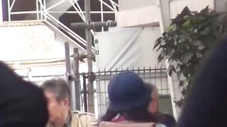 Staggering Japanese brunettes pissing themselves open air