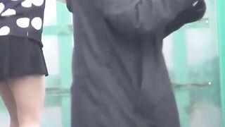 Staggering Japanese brunettes pissing themselves open air