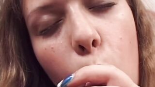 Fat chesty woman sucking off penis