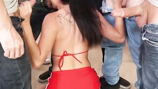 Teen brunette Adria Rae gaggles nine big cocks for the first time