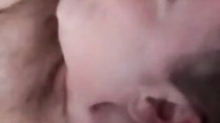 Facialized old guy swallows black and white dick at once
