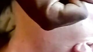 Facialized old guy swallows black and white dick at once