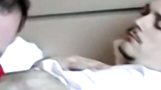 Facialized old guy swallows black and white dick at once