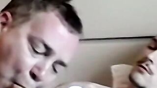 Facialized old guy swallows black and white dick at once