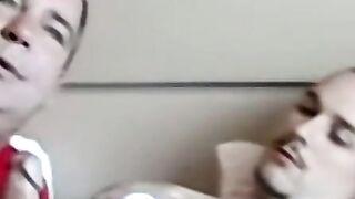 Facialized old guy swallows black and white dick at once