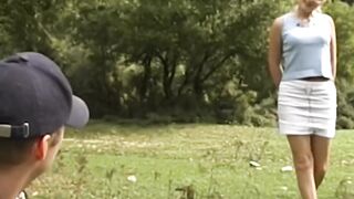 Excited blondie eats cock inside the woods