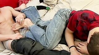Handsome Alex Page licks and sucks his buddy toes while foot wanking