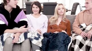 Two lucky dudes indulge in a forbidden sis swap with Jazmin Luv and Nicole Aria