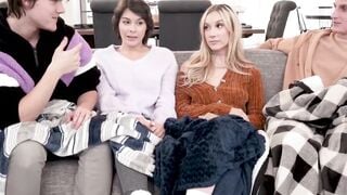 Two lucky dudes indulge in a forbidden sis swap with Jazmin Luv and Nicole Aria
