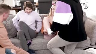 Two lucky dudes indulge in a forbidden sis swap with Jazmin Luv and Nicole Aria
