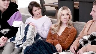 Two lucky dudes indulge in a forbidden sis swap with Jazmin Luv and Nicole Aria