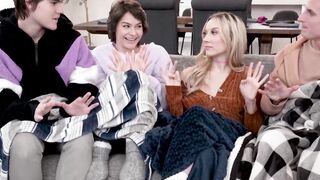 Two lucky dudes indulge in a forbidden sis swap with Jazmin Luv and Nicole Aria