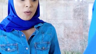 Arabic lady Maya Bijou seduces two hung studs into spit roasting her roughly