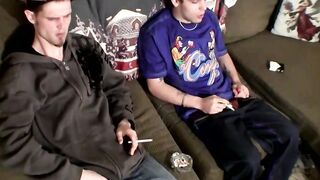 Horny buds Drac and Nolan work their horny big cock while puffing their cig