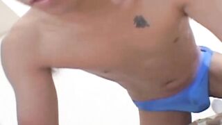 Tattooed Japanese twink fed warm cum after blowing big cock