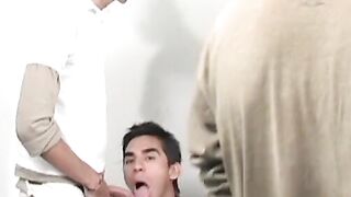 Bareback foursome and cumshot with naughty Latino gay twinks