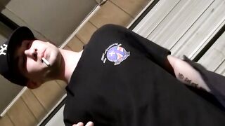 Tattooed straight dude stroking and cumming under the shower